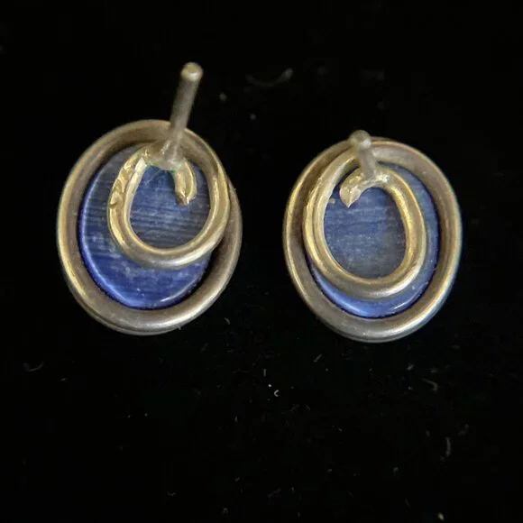 Vintage Modernist Sterling Silver Blue Cat's Eye Stud Earrings Oval Cabochon - Picture 6 of 10